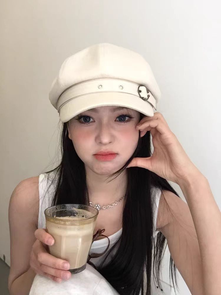 A1-1聂语函日系银丝微闪八角贝雷帽子女金属扣复古