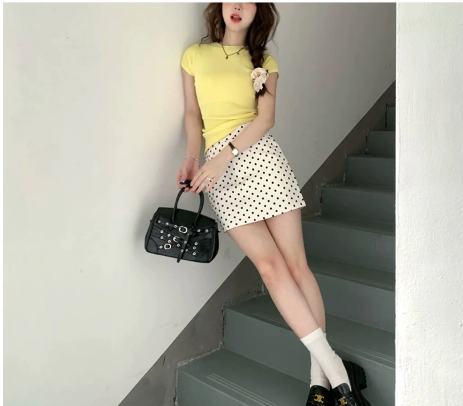 A1-4司璐瑶奶黄色波点半身裙女夏季包臀短裙子